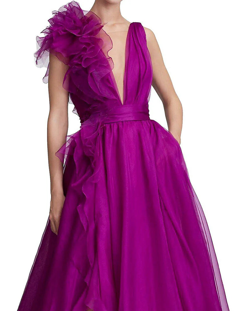 Princess V Neck Sleeveless Floor-length Long Formal Evening Floar Dresses with Split Side simple gentle atmospheric and unique desi Bring summer colors to enhance whiteness