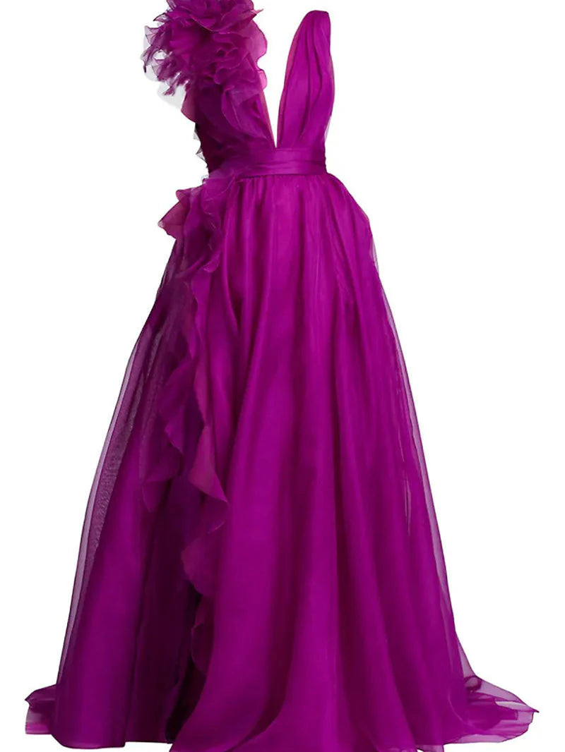 Princess V Neck Sleeveless Floor-length Long Formal Evening Floar Dresses with Split Side simple gentle atmospheric and unique desi Bring summer colors to enhance whiteness