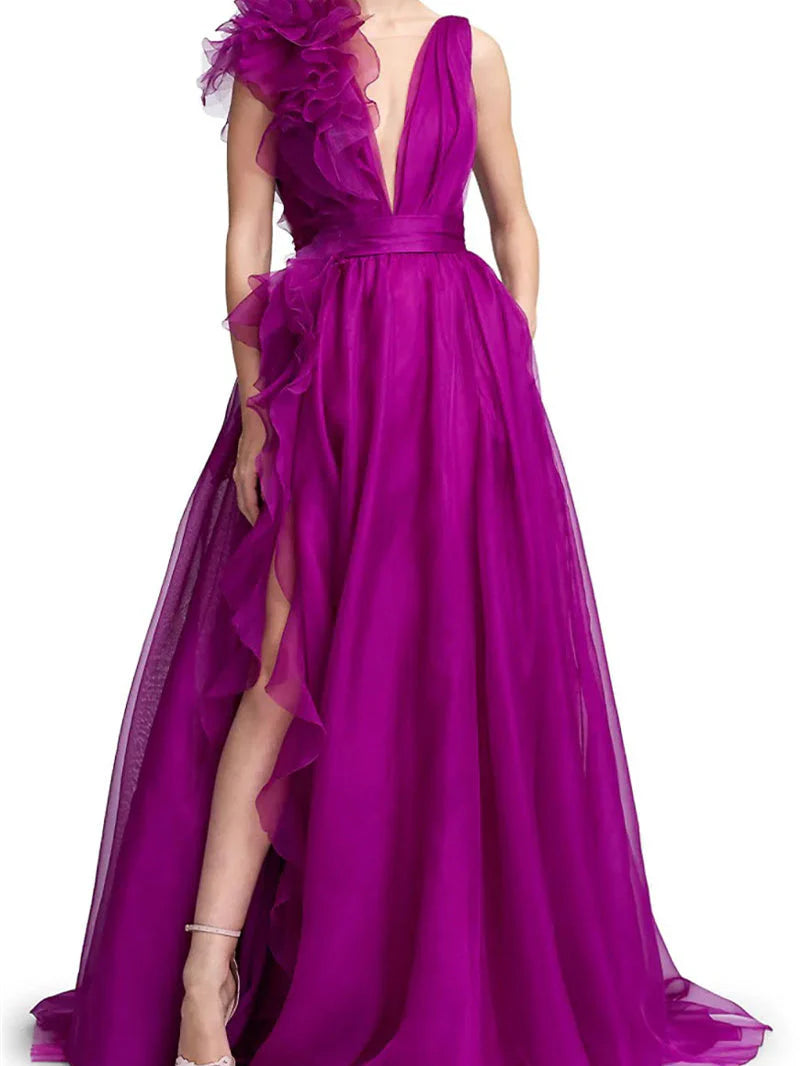 Princess V Neck Sleeveless Floor-length Long Formal Evening Floar Dresses with Split Side simple gentle atmospheric and unique desi Bring summer colors to enhance whiteness