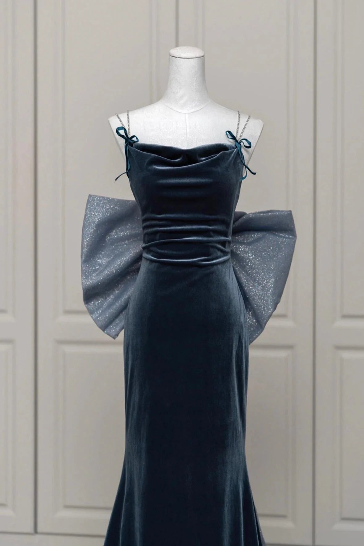 Velvet Blue Prom Dress Mermaid Backless Evening Party Dress with Bow simple gentle atmospheric and unique desi Brin