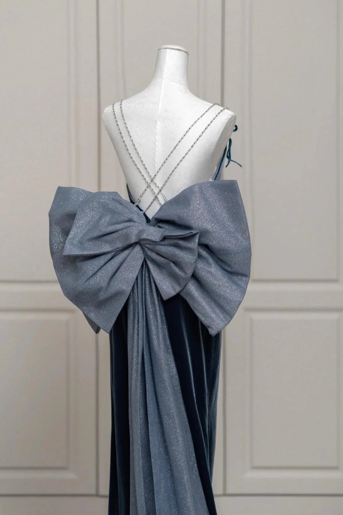 Velvet Blue Prom Dress Mermaid Backless Evening Party Dress with Bow simple gentle atmospheric and unique desi Brin