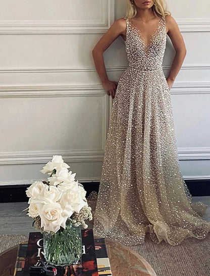 Prom Dresses Glittering Dress Party Wear Wedding Party Sweep / Brush Train Sleeveless V Neck Tulle with Sequin simple gentle atmospheric and unique desi Bring summer colors to enhance whiteness