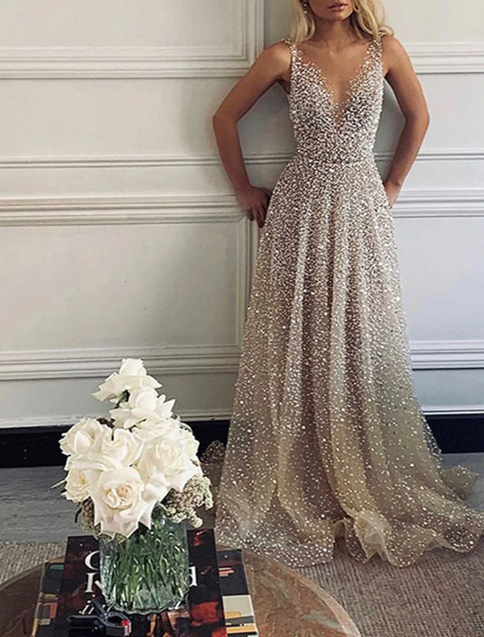 Prom Dresses Glittering Dress Party Wear Wedding Party Sweep / Brush Train Sleeveless V Neck Tulle with Sequin simple gentle atmospheric and unique desi Bring summer colors to enhance whiteness