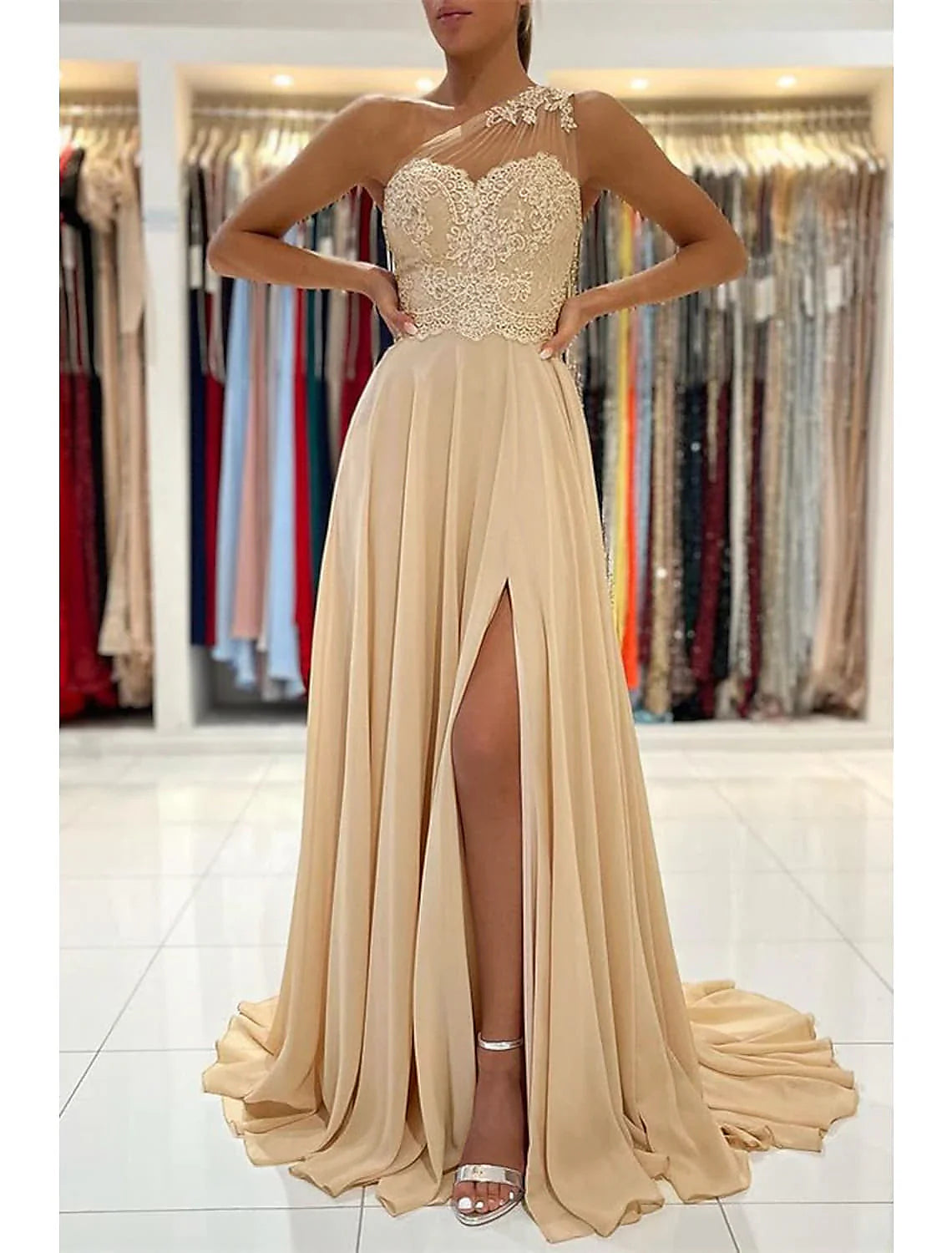 Prom Dresses Sexy Dress Formal Wedding Guest Court Train Sleeveless One Shoulder Chiffon with Slit Appliques simple gentle atmospheric and unique desi Bring summer colors to enhance whiteness