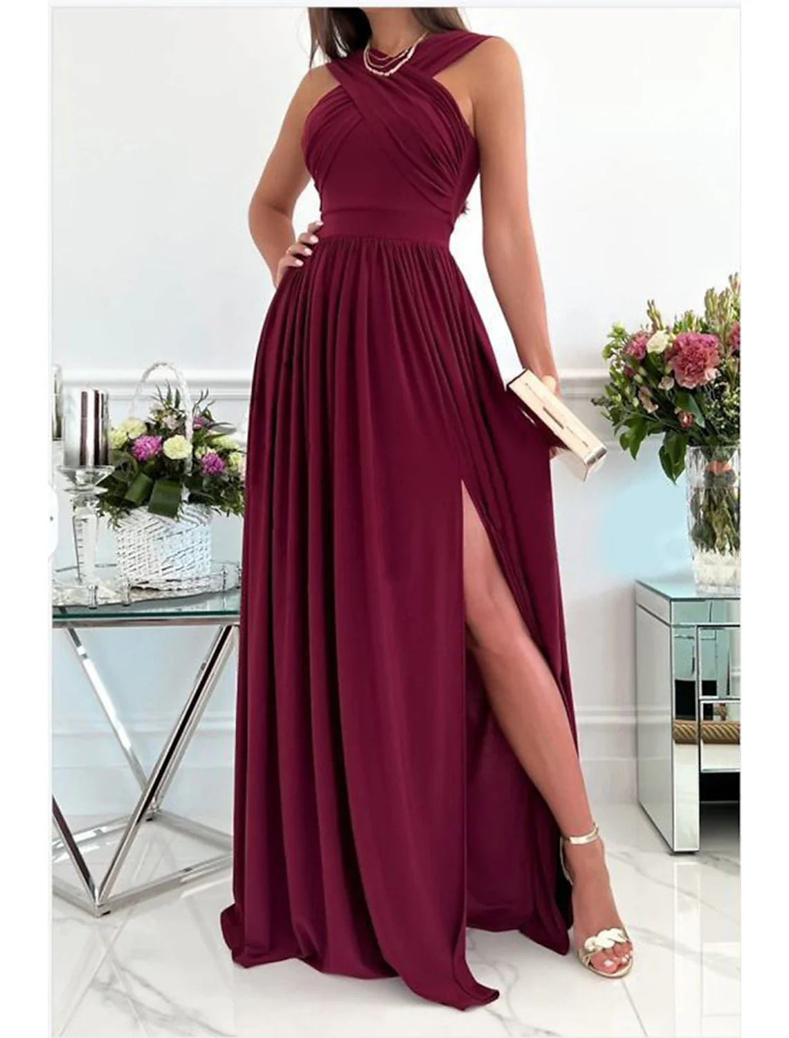 Prom Dresses Sexy Dress Formal Wedding Guest Floor Length Sleeveless Halter Neck Bridesmaid Dress Chiffon with Ruched Slit simple gentle atmospheric and unique desi Bring summer colors to enhance whiteness