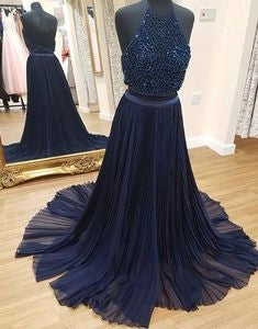 Prom Dresses Unique Dark blue two pieces long prom dress formal dress simple gentle atmospheric and unique desi Bring summer colors to enhance whiteness
