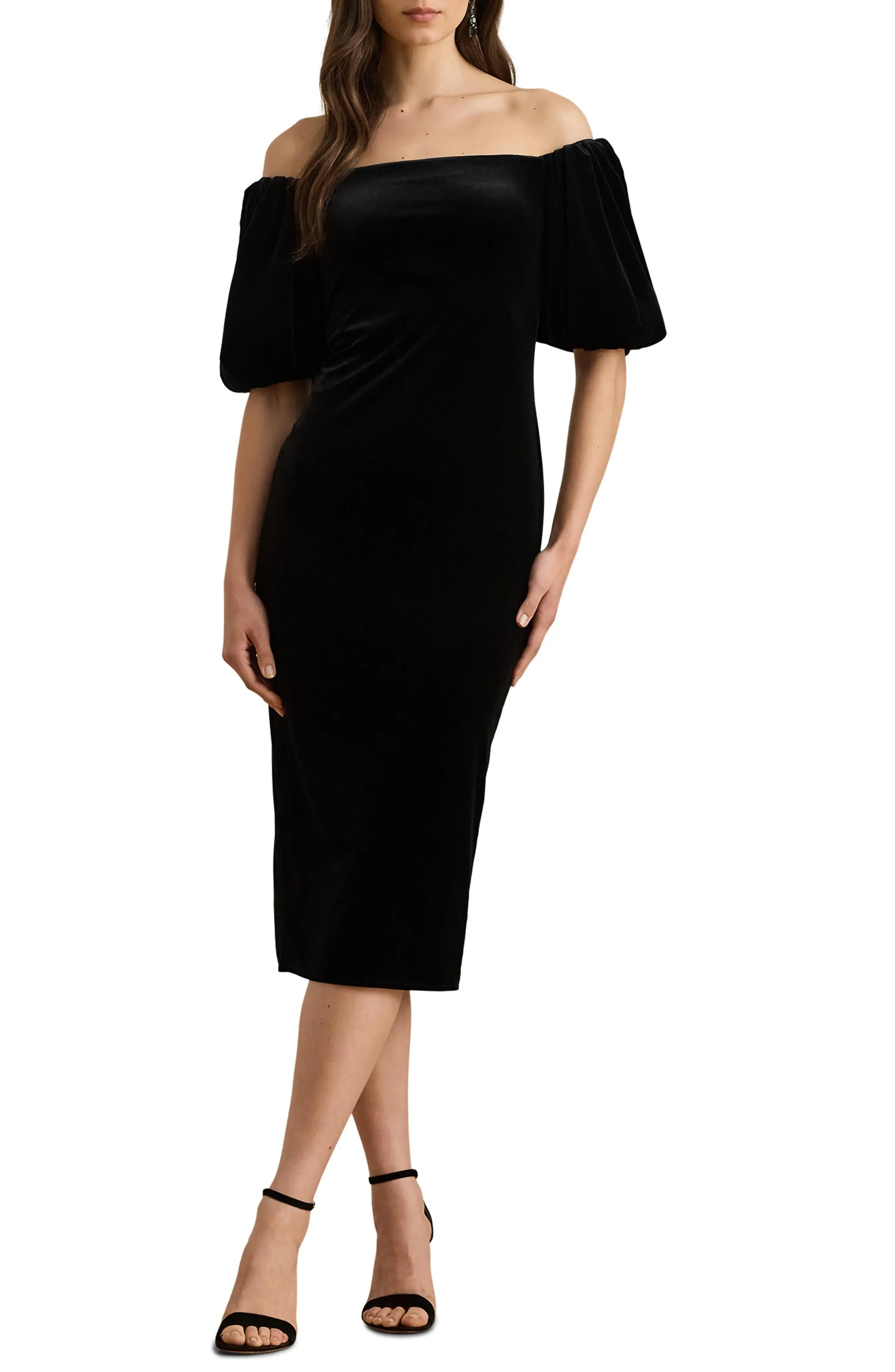 Puff Sleeved Sheath Off the Shoulder Short Sleeve Zipper Back Midi Length Hot Sale Evening Dress