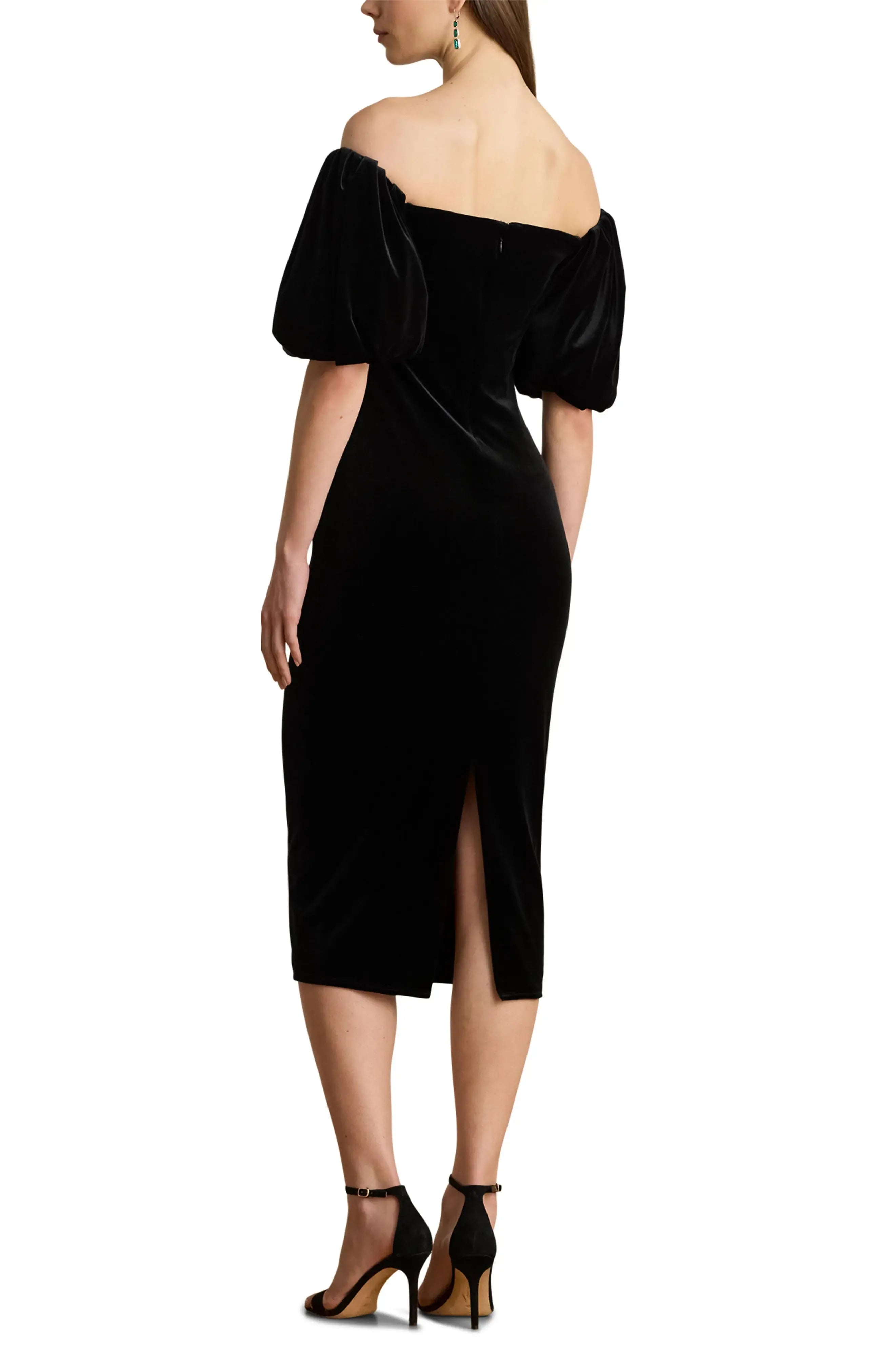 Puff Sleeved Sheath Off the Shoulder Short Sleeve Zipper Back Midi Length Hot Sale Evening Dress