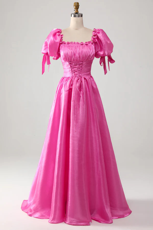 Puff Sleeves Hot Pink Prom Dress with Ruffles Simple gentle atmospheric and unique desig