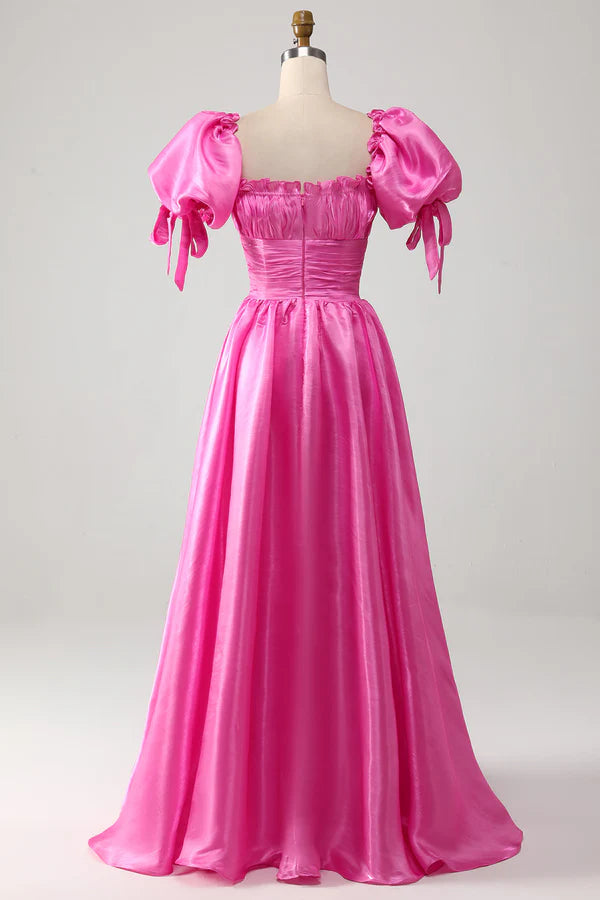 Puff Sleeves Hot Pink Prom Dress with Ruffles Simple gentle atmospheric and unique desig