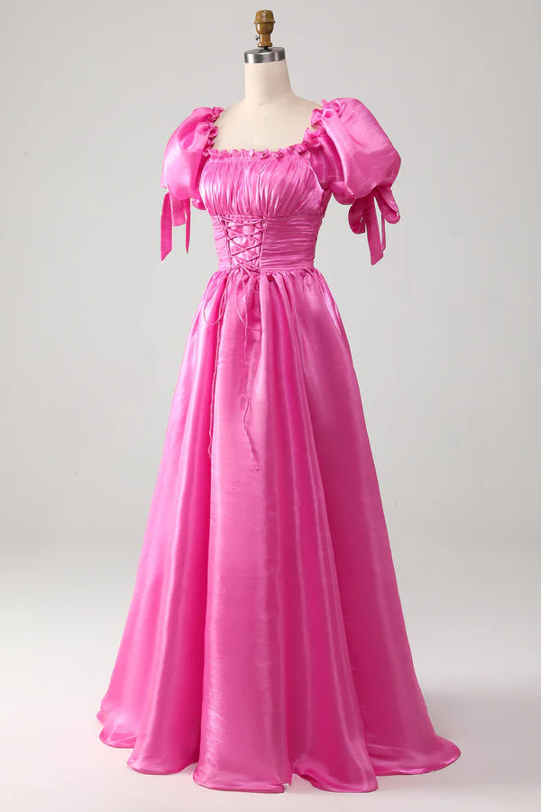 Puff Sleeves Hot Pink Prom Dress with Ruffles Simple gentle atmospheric and unique desig