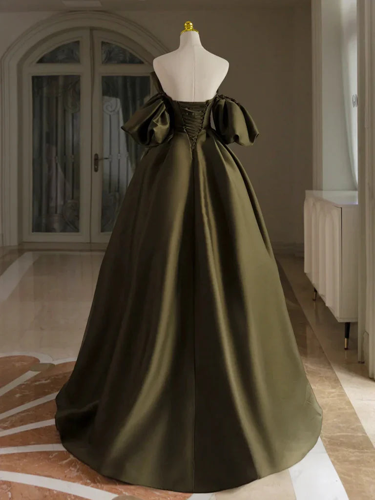 Puff Sleeves Olive Green Satin Long Prom Dress Olive Green Long Evening Dress gowns evening dresses simple gentle atmospheric and unique desi Bring summer colors to enhance whiteness