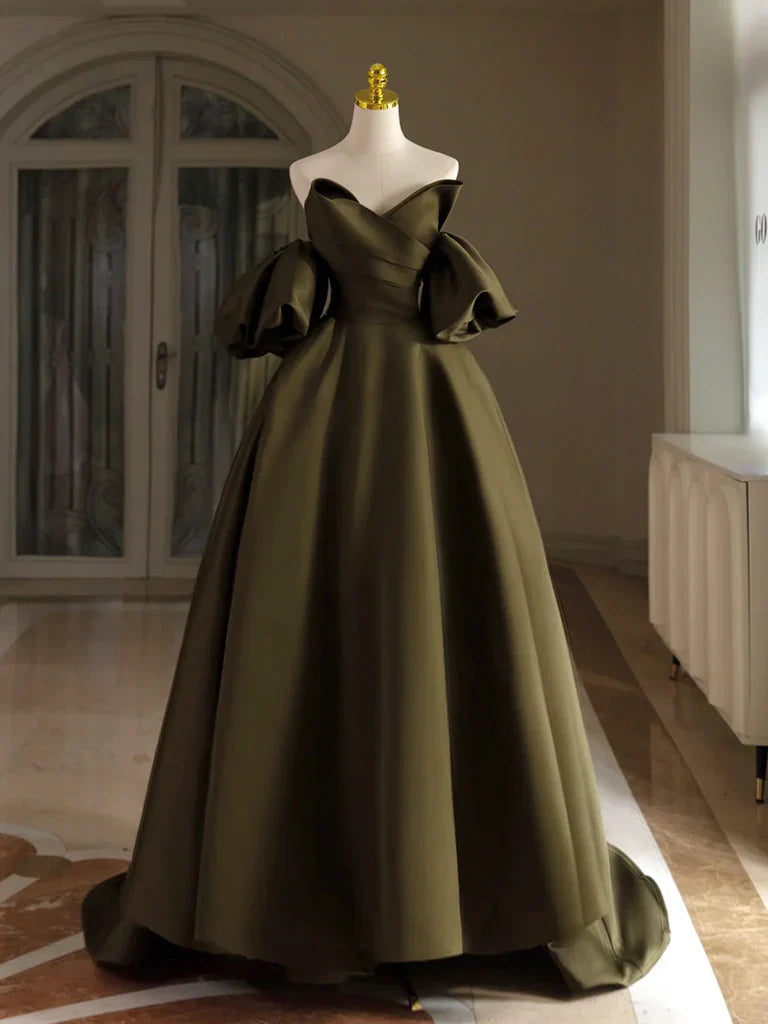 Puff Sleeves Olive Green Satin Long Prom Dress Olive Green Long Evening Dress gowns evening dresses simple gentle atmospheric and unique desi Bring summer colors to enhance whiteness