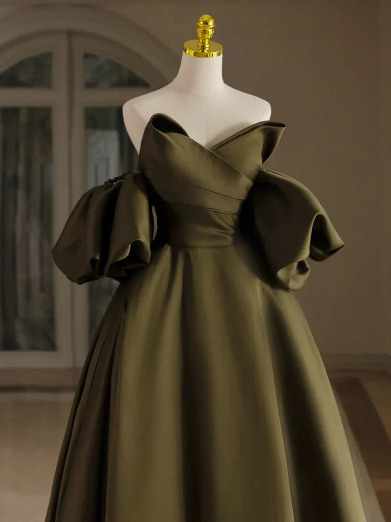 Puff Sleeves Olive Green Satin Long Prom Dress Olive Green Long Evening Dress gowns evening dresses simple gentle atmospheric and unique desi Bring summer colors to enhance whiteness