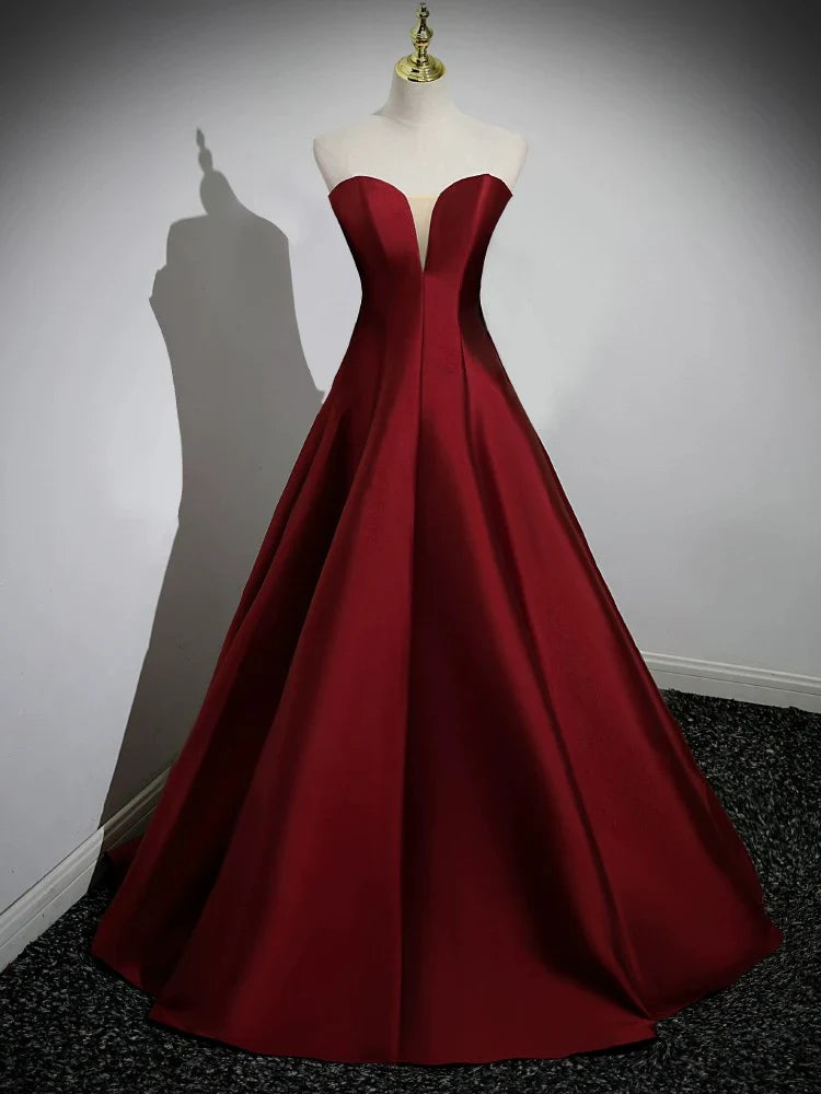Puff Sleeves Satin Burgundy Long Prom Dress Burgundy Long Formal Dress gowns evening dresses simple gentle atmospheric and unique desi Bring summer colors to enhance whiteness