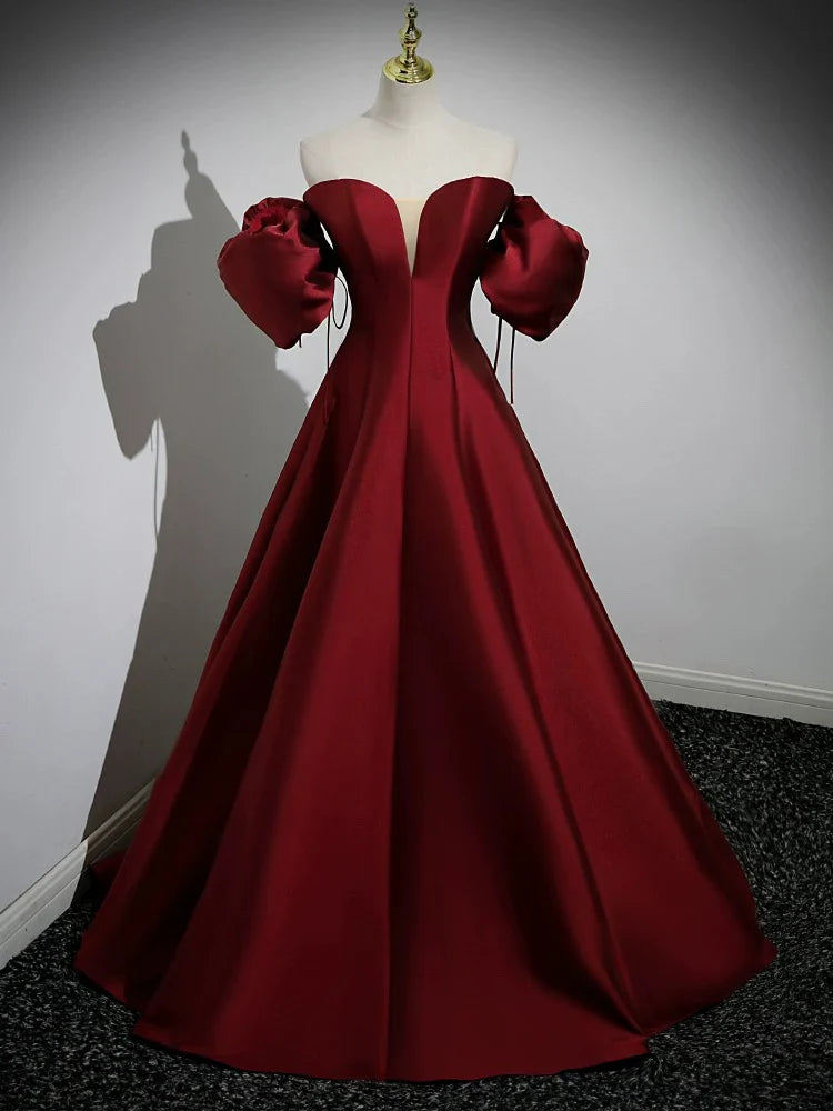 Puff Sleeves Satin Burgundy Long Prom Dress Burgundy Long Formal Dress gowns evening dresses simple gentle atmospheric and unique desi Bring summer colors to enhance whiteness