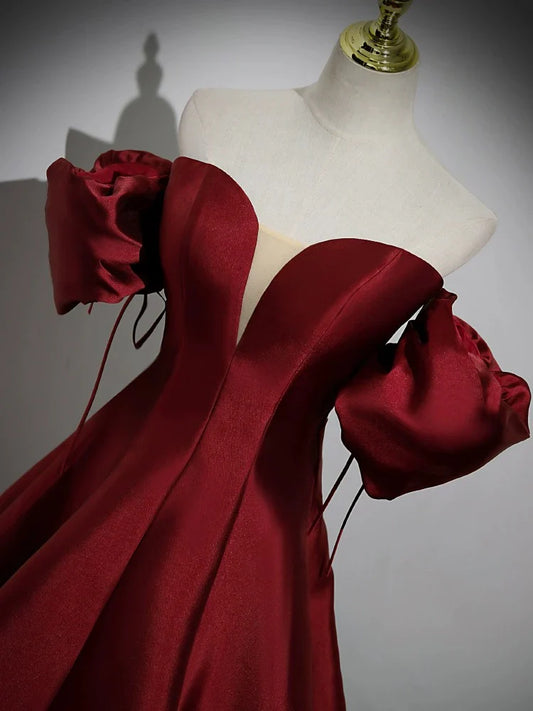 Puff Sleeves Satin Burgundy Long Prom Dress Burgundy Long Formal Dress gowns evening dresses simple gentle atmospheric and unique desi Bring summer colors to enhance whiteness