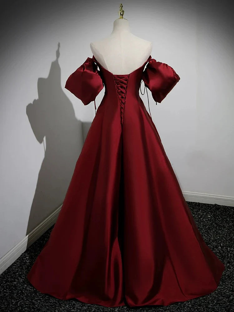 Puff Sleeves Satin Burgundy Long Prom Dress Burgundy Long Formal Dress gowns evening dresses simple gentle atmospheric and unique desi Bring summer colors to enhance whiteness