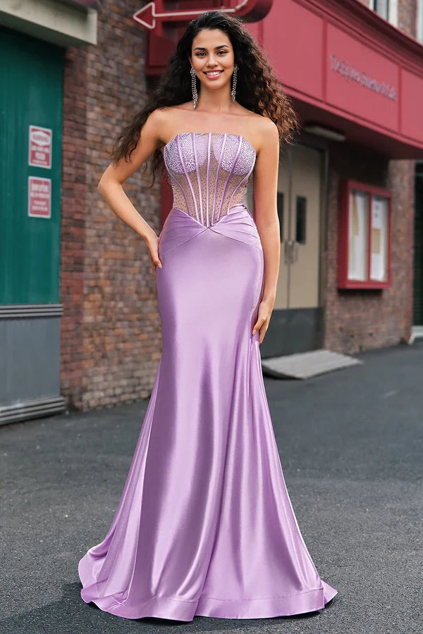 Purple Beaded Mermaid Corset Strapless Long Prom Dress simple gentle atmospheric and unique desi Bring summer colors to enhance whiteness