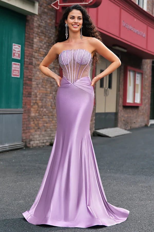 Purple Beaded Mermaid Corset Strapless Long Prom Dress simple gentle atmospheric and unique desi Bring summer colors to enhance whiteness
