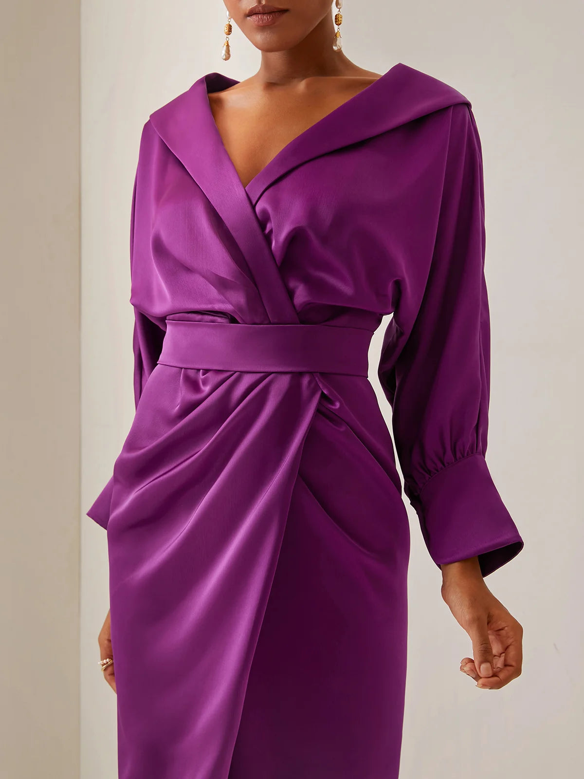 Purple Collared V Neck Long Sleeve Satin Sheath Midi Dress simple gentle atmospheric and unique desi Bring summer colors to enhance whiteness ﻿