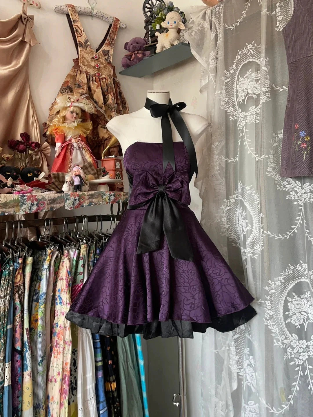Purple Jacquard Skirt  Black bow and neck hanging design, retro sweet and cool Lolita style full