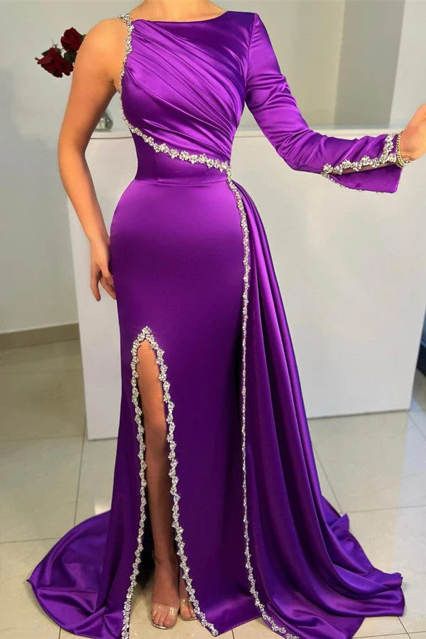 Purple Long Sleeve One Shoulder Prom Dress Mermaid With Slit Simple gentle atmospheric and unique design  ﻿