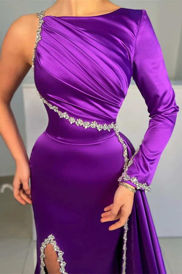 Purple Long Sleeve One Shoulder Prom Dress Mermaid With Slit Simple gentle atmospheric and unique design  ﻿