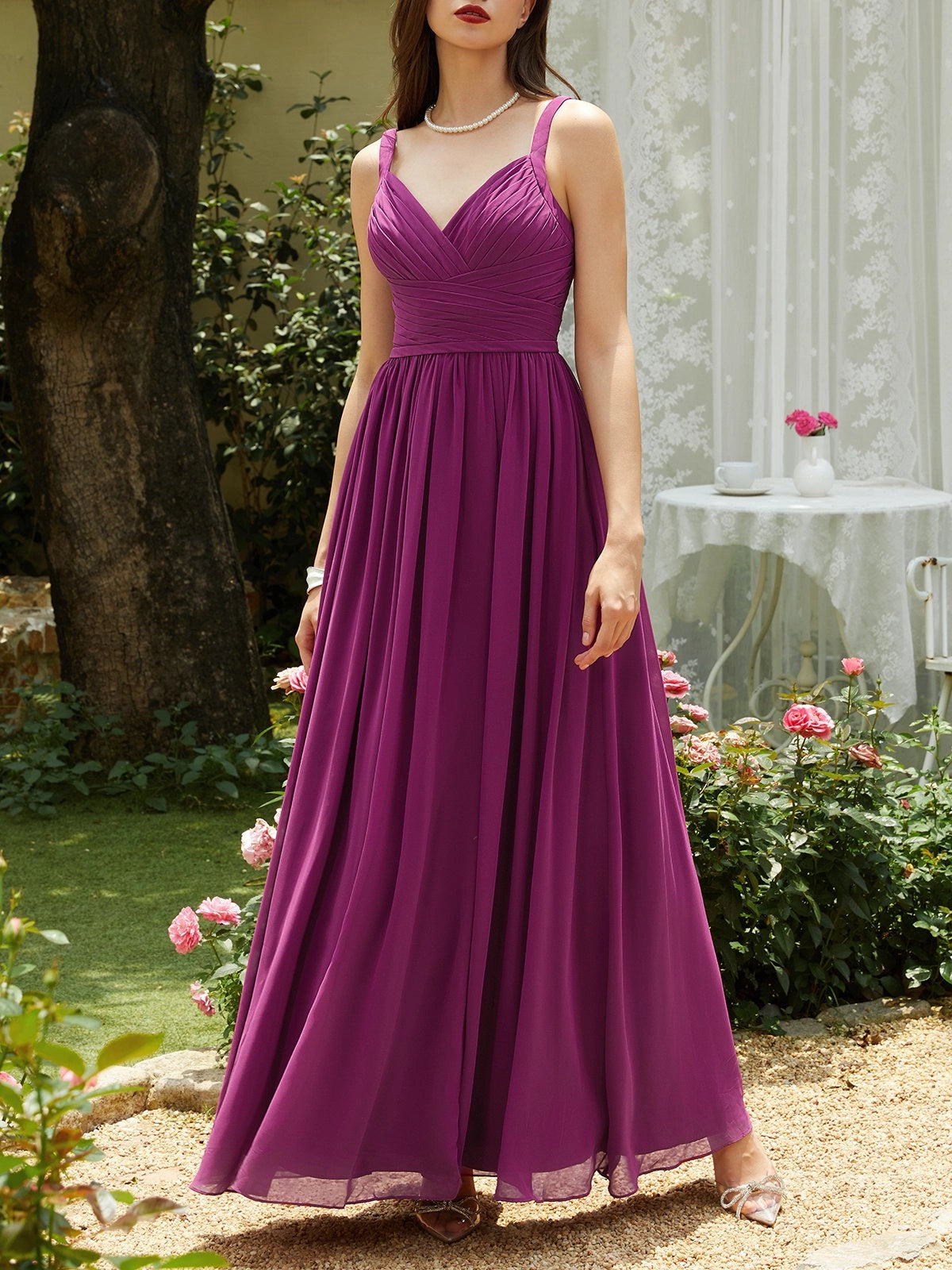 Purple Pleated Chiffon Spaghetti Gallus A-Line Maxi Bridesmaid Dress simple gentle atmospheric and unique desi Bring summer colors to enhance whiteness