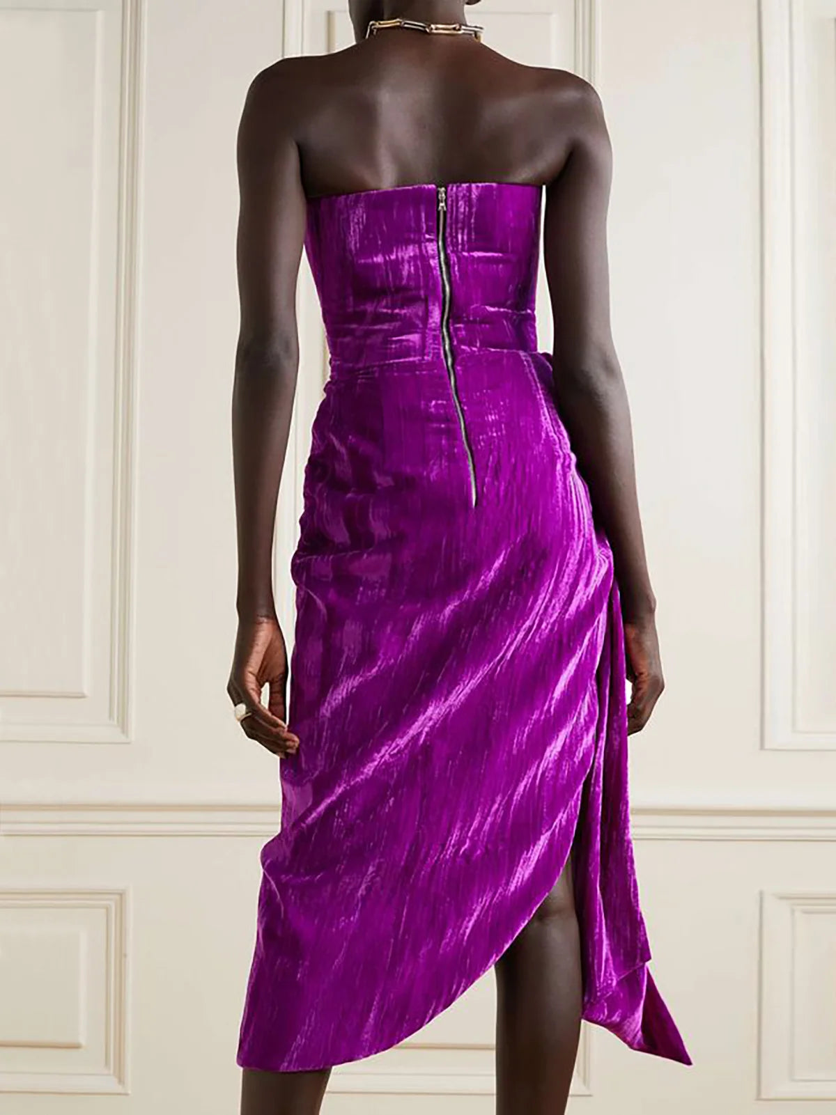 Purple Ruched Strapless Velvet Bustier  Midi Dress simple gentle atmospheric and unique desi Bring summer colors to enhance whiteness
