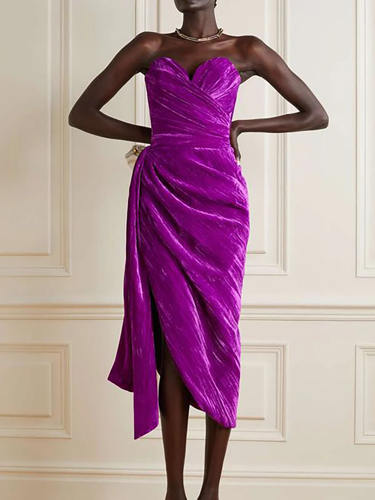 Purple Ruched Strapless Velvet Bustier  Midi Dress simple gentle atmospheric and unique desi Bring summer colors to enhance whiteness