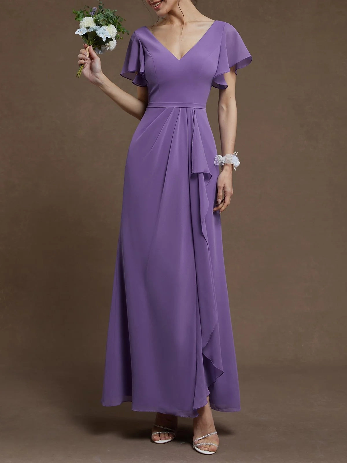 Purple Ruched V Neck Ruffle Sleeve A-Line Maxi Chiffon Bridesmaid Dress simple gentle atmospheric and unique desi Bring summer colors to enhance whiteness