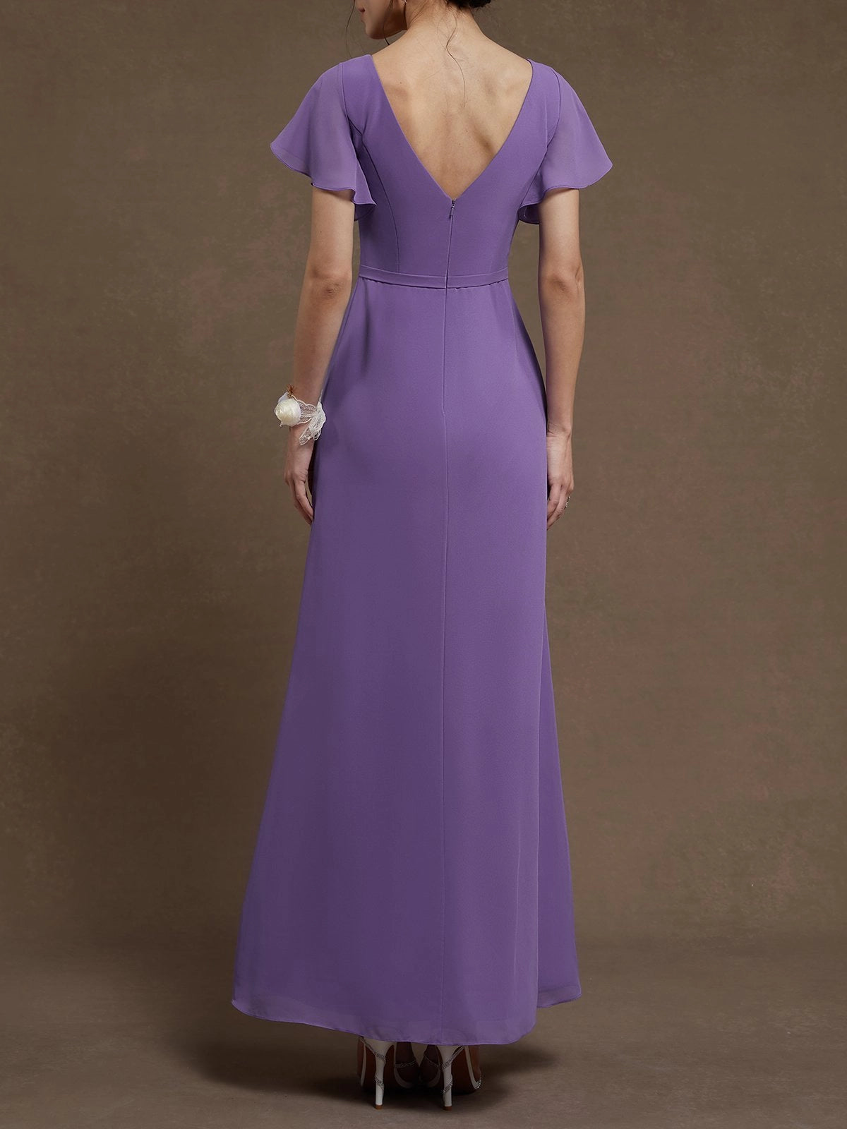 Purple Ruched V Neck Ruffle Sleeve A-Line Maxi Chiffon Bridesmaid Dress simple gentle atmospheric and unique desi Bring summer colors to enhance whiteness