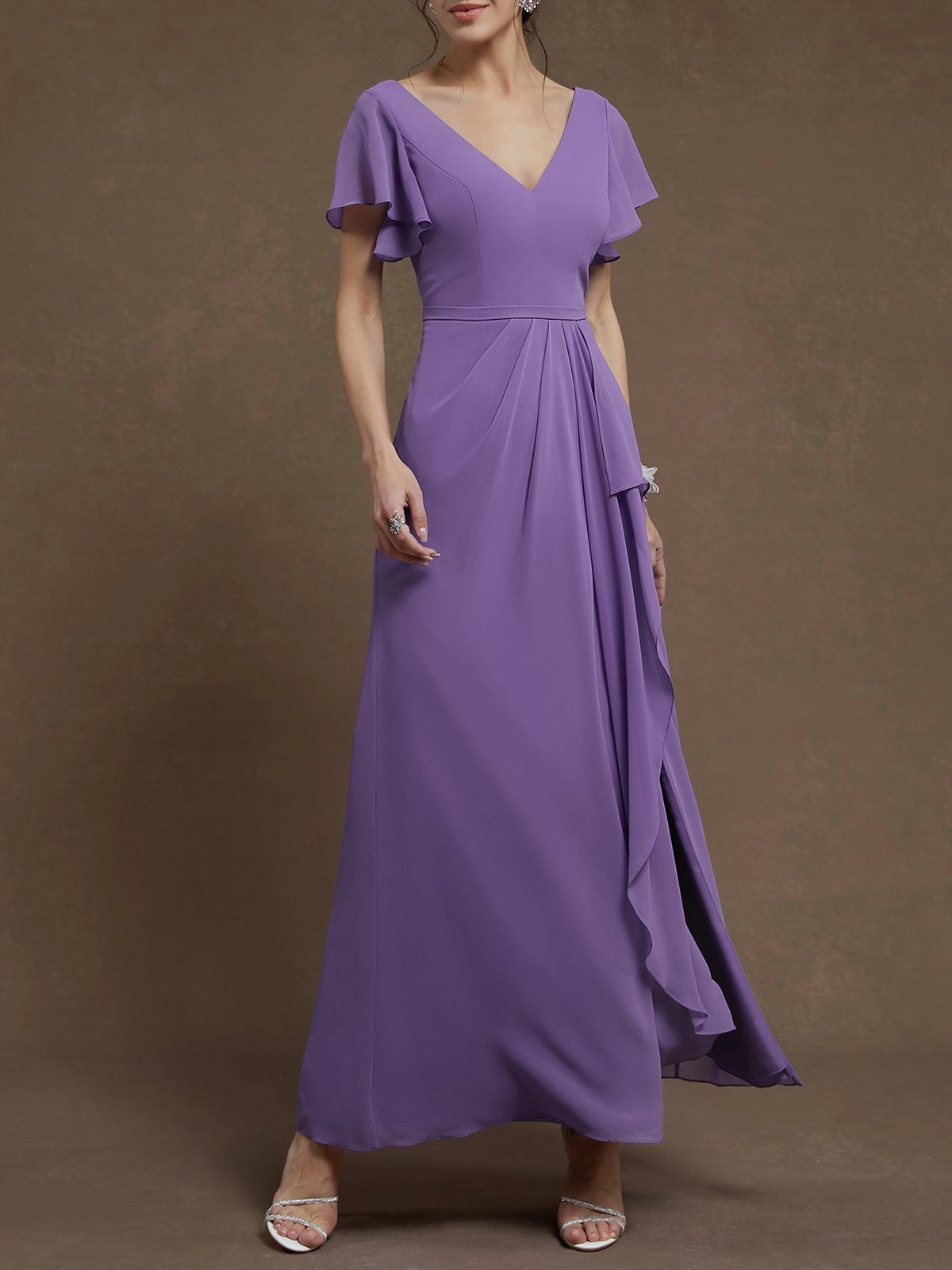 Purple Ruched V Neck Ruffle Sleeve A-Line Maxi Chiffon Bridesmaid Dress simple gentle atmospheric and unique desi Bring summer colors to enhance whiteness