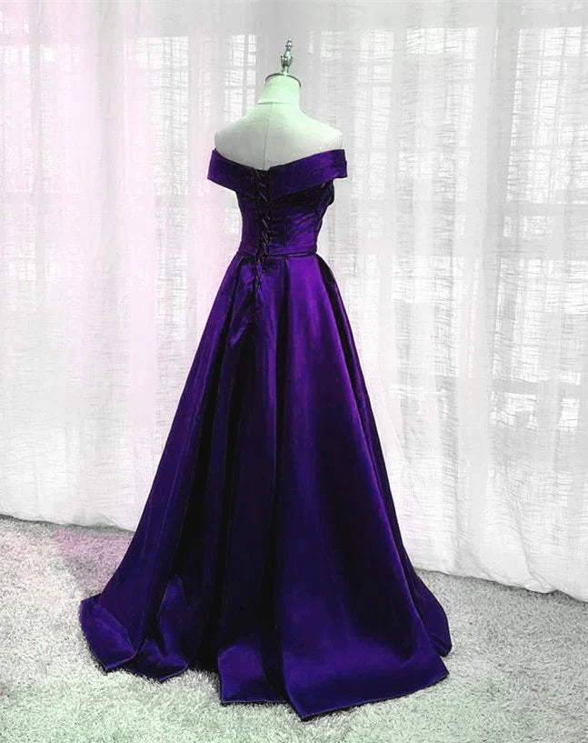 Purple Satin Off Shoulder Long Prom Dress A-line Simple Women Formal Dresses simple gentle atmospheric and unique desi Bring summer colors to enhance whiteness