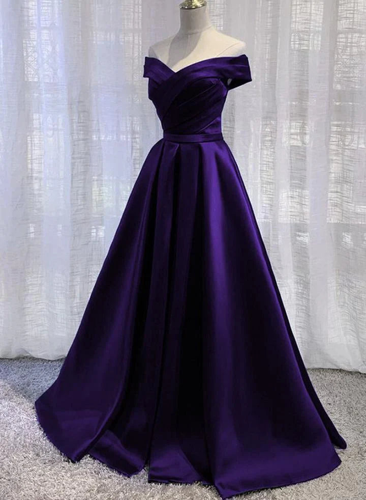 Purple Satin Off Shoulder Long Prom Dress A-line Simple Women Formal Dresses simple gentle atmospheric and unique desi Bring summer colors to enhance whiteness
