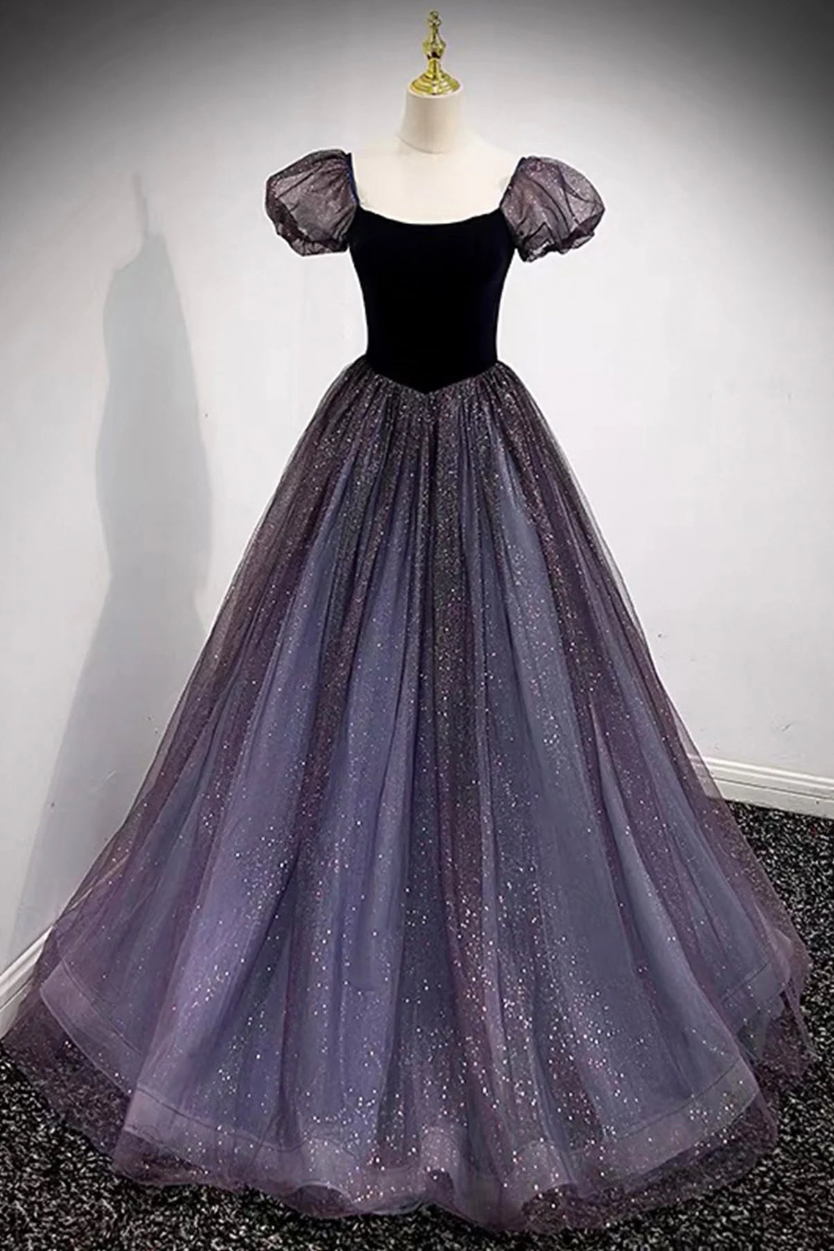 Purple Scoop Tulle Long A-Line Prom Dress Lovely Short Sleeve Evening Dress simple gentle atmospheric and unique desi Bring summer colors to enhance whitenes