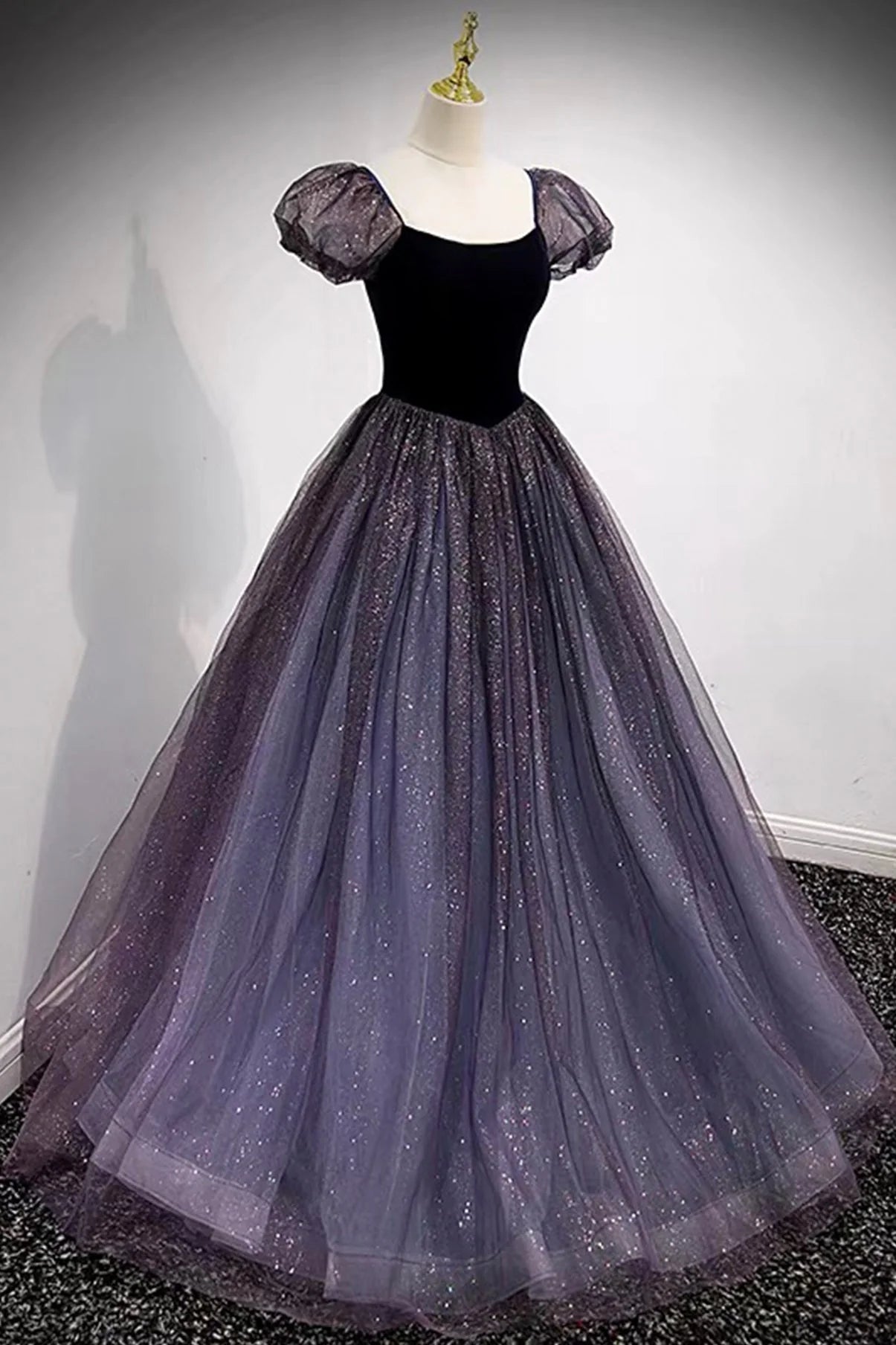 Purple Scoop Tulle Long A-Line Prom Dress Lovely Short Sleeve Evening Dress simple gentle atmospheric and unique desi Bring summer colors to enhance whitenes