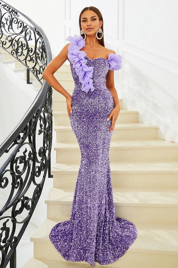 Purple Sequins Mermaid Off the Shoulder Prom Dress simple gentle atmospheric and unique desig