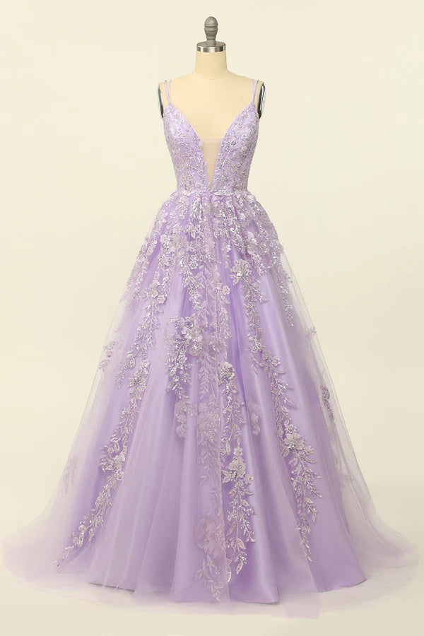 Purple Spaghetti Straps Prom Dress With Appliques Simple gentle atmospheric and unique design