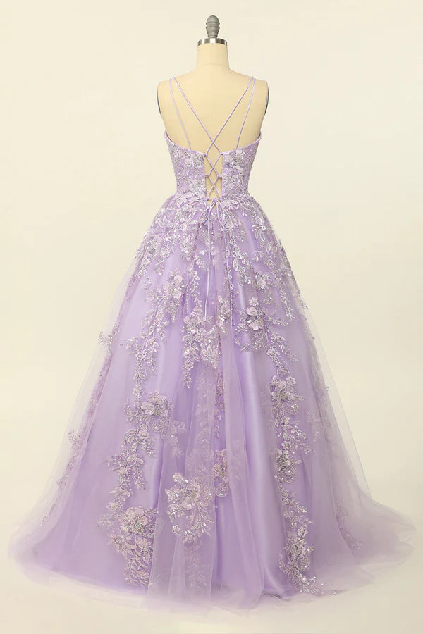 Purple Spaghetti Straps Prom Dress With Appliques Simple gentle atmospheric and unique design