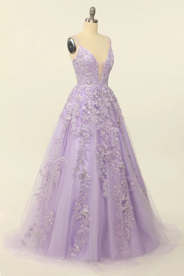 Purple Spaghetti Straps Prom Dress With Appliques Simple gentle atmospheric and unique design