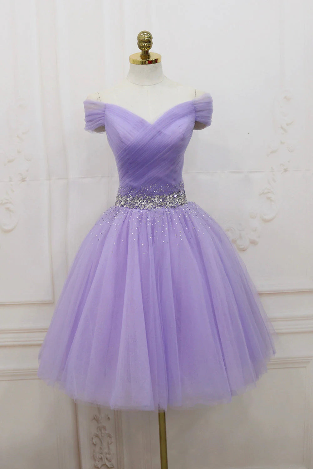 Purple Tulle Beaded Short Prom Dress Off Shoulder Party Dress simple gentle atmospheric and unique desi Bring summer colors to enhance white
