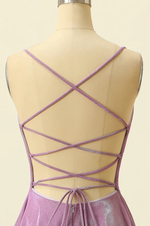 Purple V-neck Sparkly Prom Dress Simple gentle atmospheric and unique design