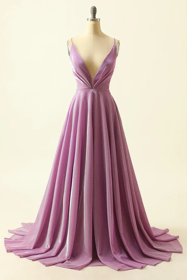 Purple V-neck Sparkly Prom Dress Simple gentle atmospheric and unique design
