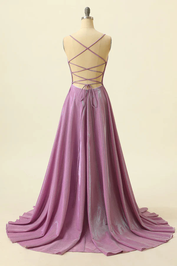 Purple V-neck Sparkly Prom Dress Simple gentle atmospheric and unique design