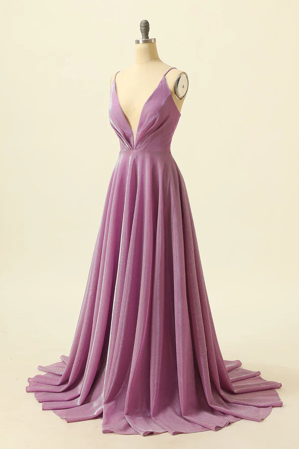 Purple V-neck Sparkly Prom Dress Simple gentle atmospheric and unique design