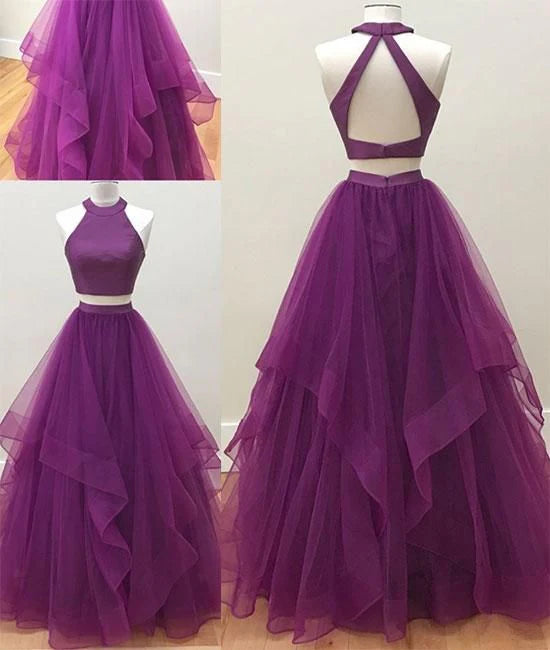 Purple dress, with a hanging neck and exposed back, suitable for formal occasions such as dinners, dances, etc