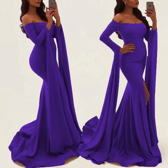 Purple long dress, one shoulder design, ultra long flowing sleeves, slim fit fishtail skirt with trailing edge suitable for dinners, dances, etc