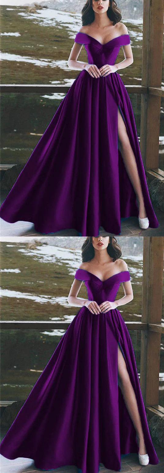 Purple satin dress with a one shoulder design, high waist and split hem, suitable for occasions such as dinners and dances